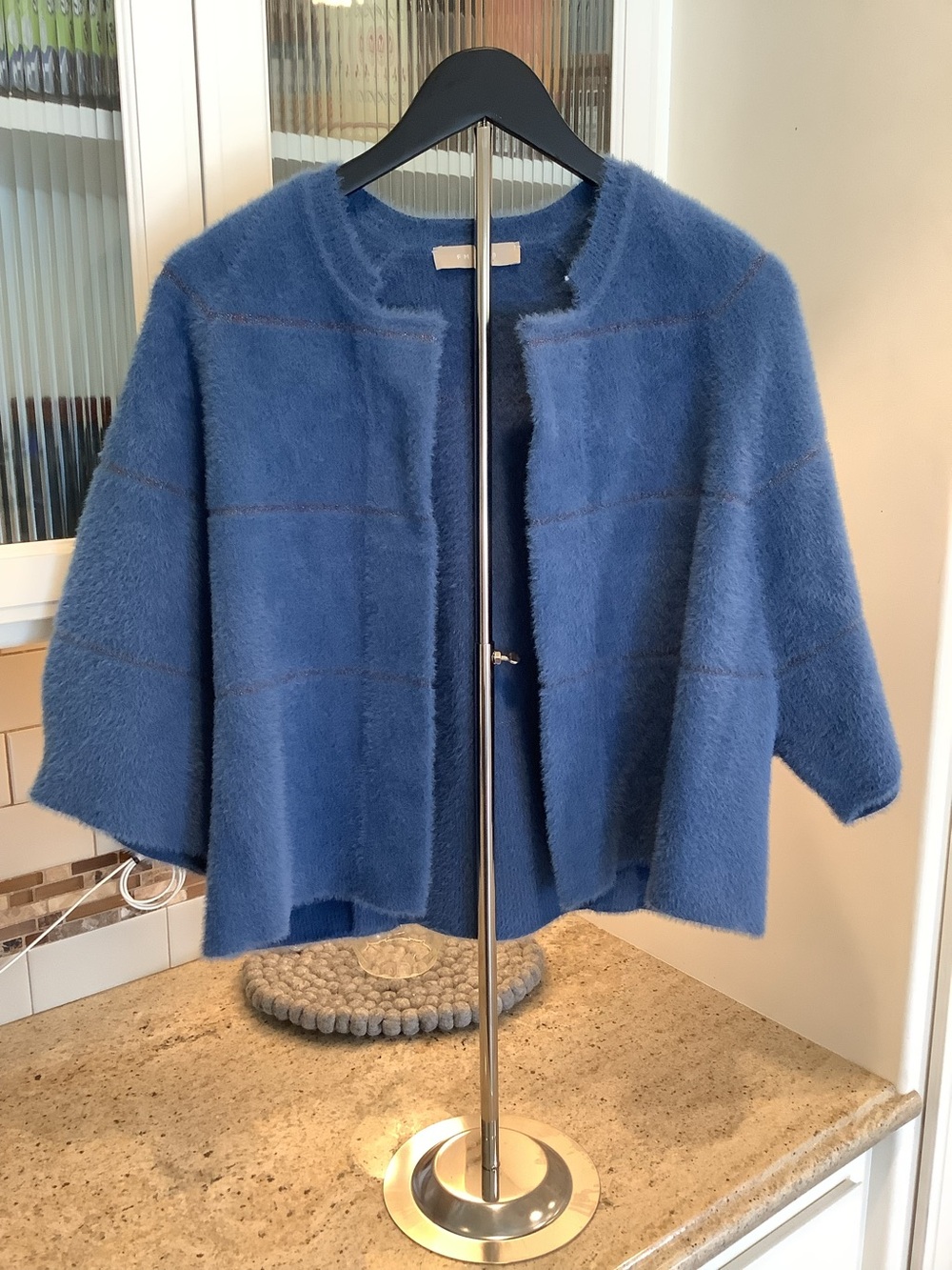 FM 2050 Blue Sweater Crop Cape Open Front